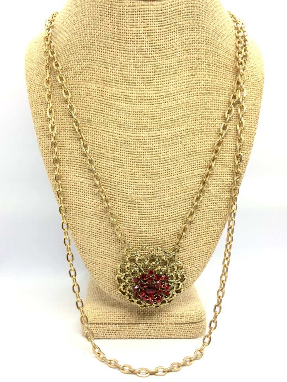 VINTAGE MEDALLION NECKLACE Red Rhinestone Antiqued Gold Tone Filigree Long